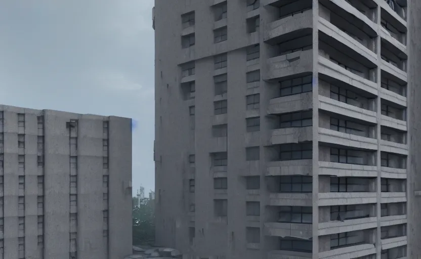 Image similar to brutalist architecture building, apartment complex, octane render, artstation trending, highly detailded