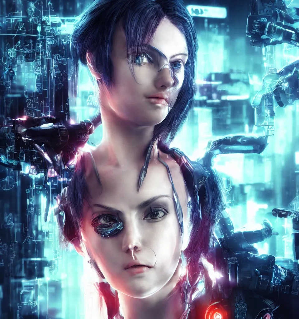 Image similar to cyberpunk hacker girl portrait, highly detailed, alita, studio lighting, neon backlit, 8 k