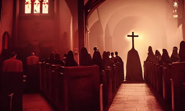 Prompt: a cultist ceremony, cultists with robes and masks, church interior, satanic church interior, the fog. horror lighting, found footage