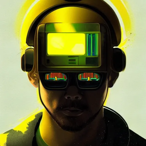 Prompt: artwork of a tv - headed man with a tv on his head, cyberpunk style, cmyk, yellow scene color, concept art, super detailed, 4 k hd, trending on artstation, digital painted, low contrast, made by greg rutkowski and viktoria gavrilenko
