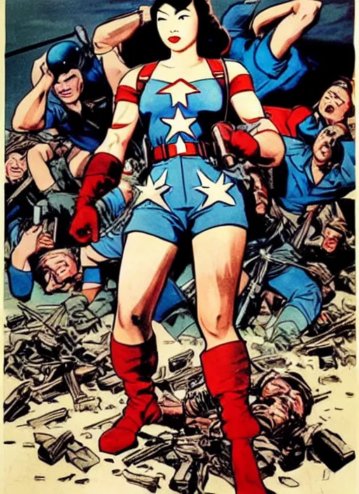 Image similar to beautiful asian female captain america standing on a pile of defeated, beaten and broken german soldiers. feminist captain america wins wwii. american wwii propaganda poster by james gurney. gorgeous face. overwatch