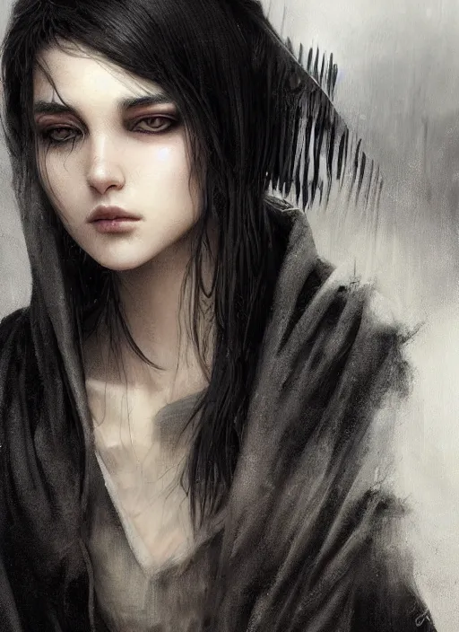 Prompt: a teenage girl with very short black hair and a huge cloak made of grey and black strips. mist swirls around her. beautiful highly detailed face. beautiful painting by artgerm and greg rutkowski and raymond swanland