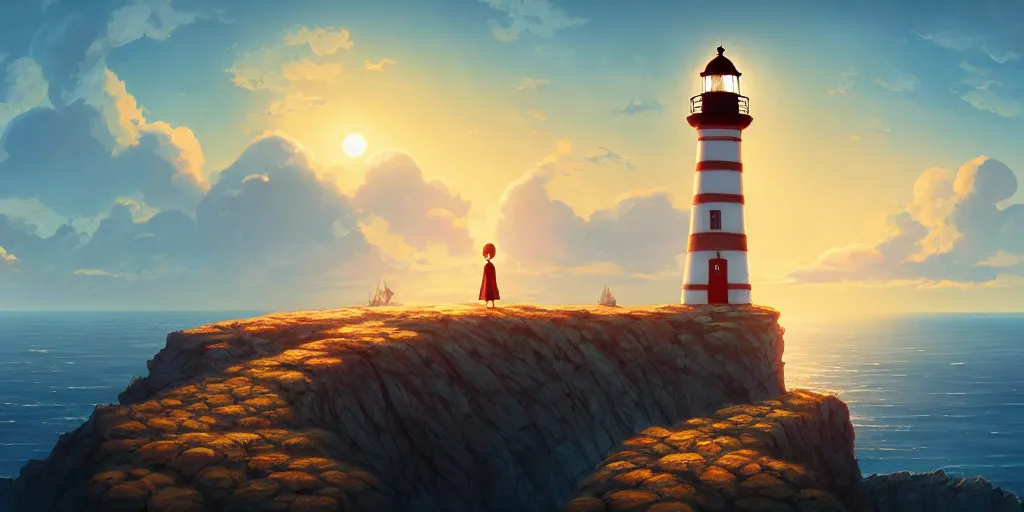 Image similar to the girl and the lighthouse. beautiful sunrise. matte painting, anime, studio ghibli. intricate, elegant, super highly detailed, professional digital painting, artstation, concept art, smooth, Unreal Engine 5, Photorealism, HD quality, 8k resolution, cinema 4d, 3D, beautiful, cinematic