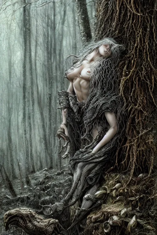 Image similar to fat old devil in the woods, the devil around, intricate, ethereal, by luis royo, hyper detailed, weta digital, ray trace, unreal engine, trending on artist, beautifully lit, cinematic, soft light, photorealistic, volumetric, realistic, glossy, 8 k post - production, masterpiece, luxury, smooth