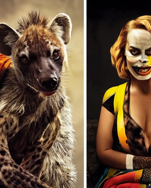 Prompt: Margot Robbie dressed as Harlequin interacts with a playful spotted hyena, HDR, photorealistic, In the style of National Geographic