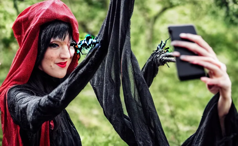 Image similar to a spider witch taking a selfie photo, detailed. artstation. 2 5 mm f / 1. 7 asph lens. ultra realistic