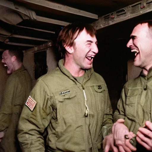 Image similar to a high quality color creepy atmospheric dimly lit extreme closeup film 3 5 mm depth of field photograph of 2 men wearing army fatigues laughing hysterically having casual conversation inside a top secret military base in antarctica in 1 9 8 2