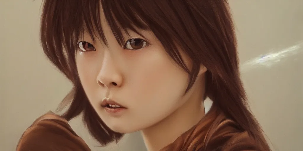 Prompt: cute Japanese girl with brown hair and high cheekbones, cinematic lighting, detailed oil painting, hyperrealistic, 8k