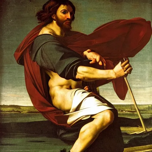 Prompt: Jesus Christ riding a seqway across water, Caravaggio