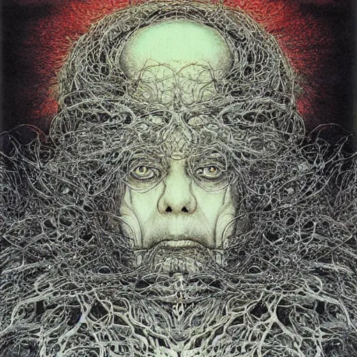 Image similar to simple concept art portrait of, ‘ the old god ’. an award winning yoshitaka amano digital art poster, by james gurney and gerhard richter. art by takato yamamoto. masterpiece, deep colours.