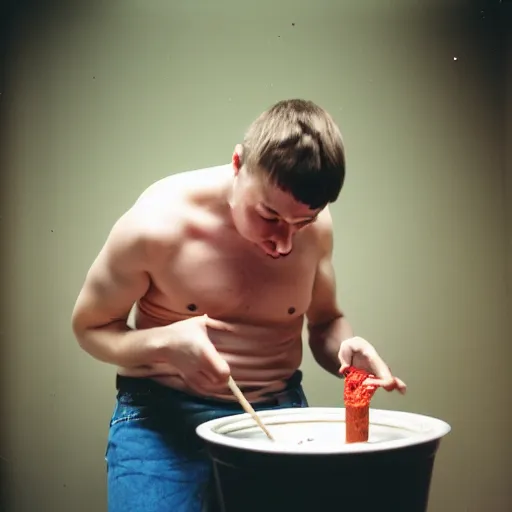 Prompt: kodak portra 8 0 0, flickr photograph of an invisible guy eating glue out of a pot, glue eating guy, yummy glue pot delicious i love eating glue photo