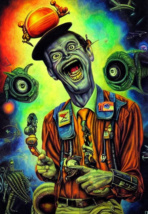 Image similar to subgenius, x - day, aliens, weird stuff, occult stuff, colorful, hyperrealism, dramatic lighting