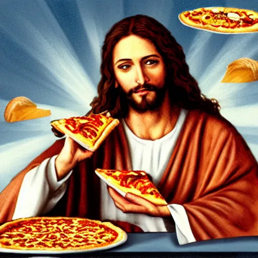 Image similar to Jesus eating pizza