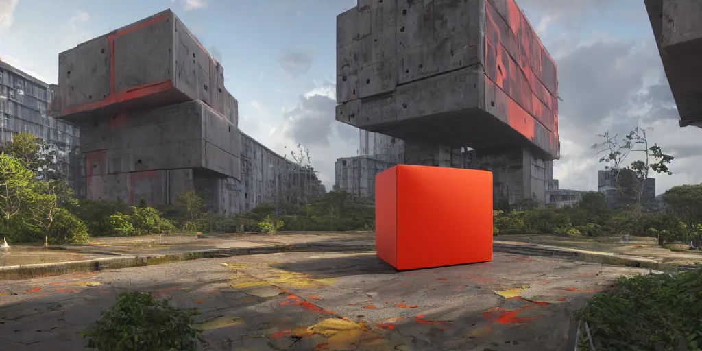 Image similar to highly detailed futuristic huge cube with red and orange glow, on the background brutalist architecture by Le Corbusier, abandoned buildings, empty streetscapes, surrounded by lush green vegetation, ground-level view, puddles of water, stunning volumetric lighting, sunset, trending on Artstation, 8k, photorealistic, hyper detailed, unreal engine 5, cinematic, epic lighting, cryengine, octane render, cyberpunk, dark, gloomy