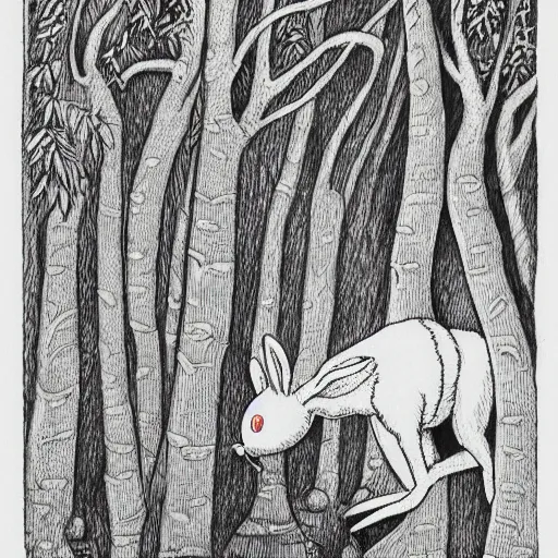 Prompt: precisely drawn, fine detailed, intense line work, drawing of a white bunny smoking a big cigarette in the deep tangled forest, by edward gorey, 3 d isotmetric, black ink on white paper