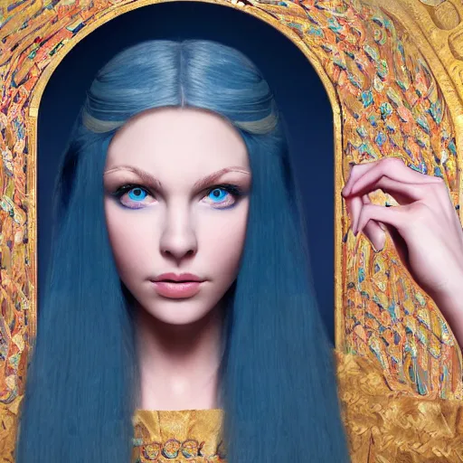 Prompt: portrait of a beautiful young woman, with blue eyes and long blond hair falling on her chest. she has a small face just like her nose, with thin pink lips and thin dark eyebrows, medieval fantasy style