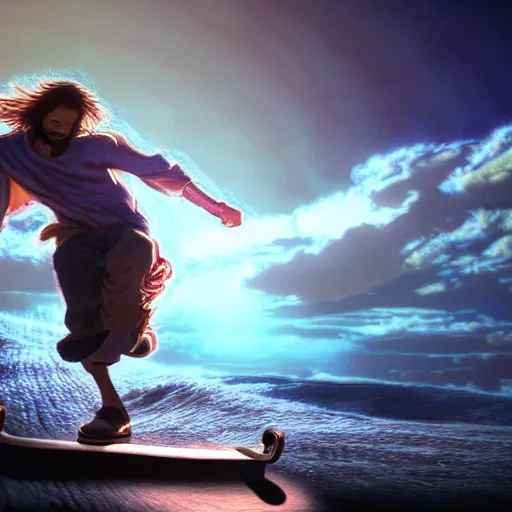 Prompt: UHD photo of a Jesus skateboarding , stoner rock, extremely detailed, 8k, cinematic lighting, in the style of Amano and Ayami Kojima, with vivid colors and rich composition