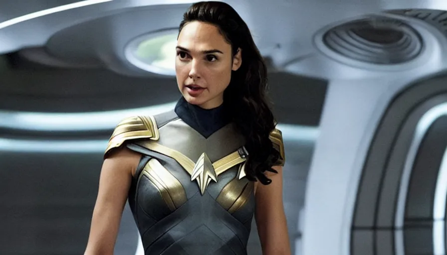 Image similar to Gal Gadot, in full starfleet uniform, is the captain of the starship Enterprise in the new Star Trek movie