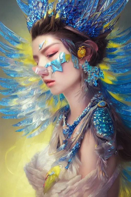 Image similar to beautiful princess with face covered with blue jewels wearing ice feathers, diamonds, angel, fantasy, yellow background beam, dramatic lighting, highly detailed, digital painting, magic the gathering, 3 d render, hyper realistic detailed portrait, peter mohrbacher, wlop, ruan jia