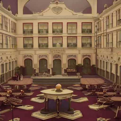 Prompt: a scene from wes anderson's grand hotel budapest, starring harry hill, realistic detailed cinematography