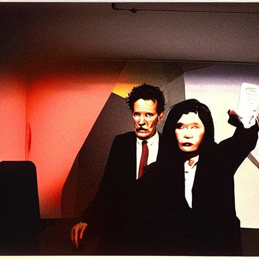 Image similar to chris morris does the news, set design by tadanori yokoo, 3 5 mm film, photograph