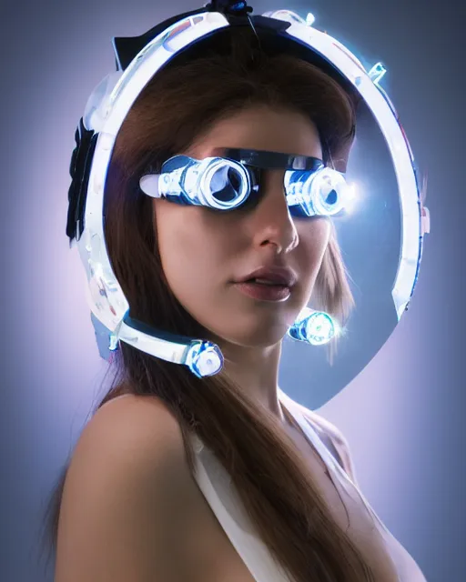 Prompt: centered portrait of flirtatious young sabrina salerno as a solarpunk mecha humanoid robotic parts wearing crystal goggles with bright led lights, real human face, pudica gesture bouguereau style, in white room, ultra - realistic and intricate, soft portrait shot 8 k