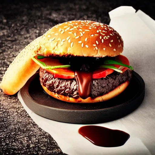 Image similar to A delicious hamburger with chocolate sauce, food photography, michilin star
