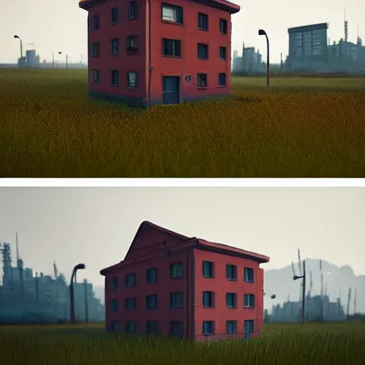 Image similar to single building, simon stalenhag, props, furniture and decor