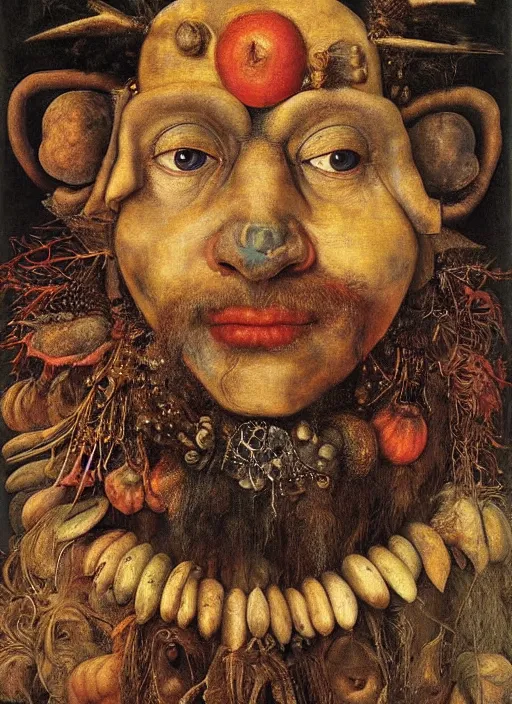 Prompt: a surreal painting of a radiant shaman's face, by Giuseppe Arcimboldo, symbolist, soft colors, dramatic lighting, smooth, sharp focus, extremely detailed, aesthetically pleasing composition