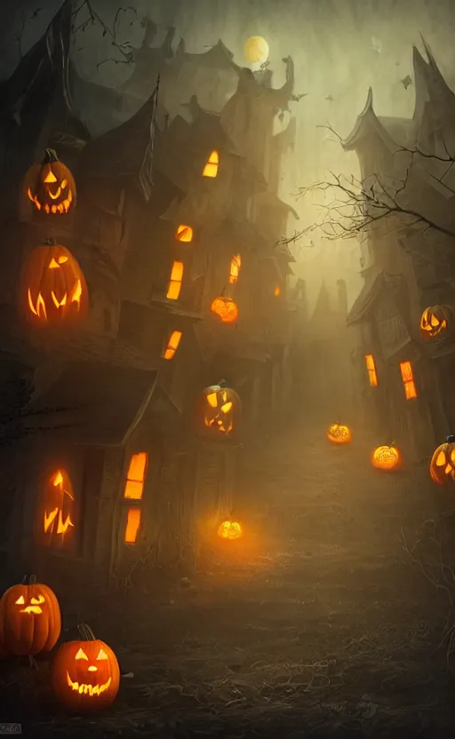 Image similar to a creepy and eery Halloween setting, with Jack o lanterns on the street and shadow figures lurking about, dynamic lighting, photorealistic fantasy concept art, stunning visuals, creative, cinematic, ultra detailed, trending on art station, spooky vibe