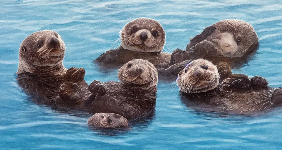 Image similar to cute northern sea otters floating in the sea, trending on artstation