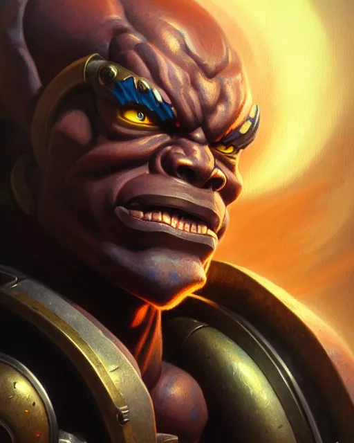 Image similar to doomfist from overwatch, fantasy, fantasy art, character portrait, portrait, close up, highly detailed, intricate detail, amazing detail, sharp focus, vintage fantasy art, vintage sci - fi art, radiant light, caustics, by boris vallejo