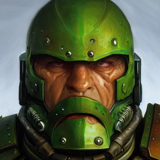 Image similar to the doomguy as a realistic d & d fantasy character, closeup portrait art by donato giancola and greg rutkowski, vintage retro, realistic face, digital art, trending on artstation, symmetry!!