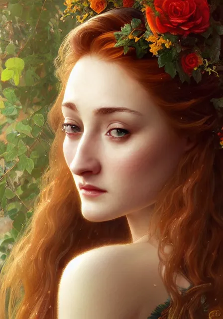 Image similar to portrait of sansa stark gold lights autumn berries roses, intricate, elegant, highly detailed, digital painting, artstation, concept art, smooth, sharp focus, illustration, art by artgerm and greg rutkowski and alphonse mucha and william - adolphe bouguereau