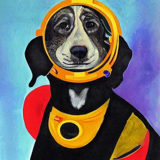 Image similar to a beautiful painting, dog in a space suite, by vladimir mayakovsky, by vladimir mayakovsky, long shot