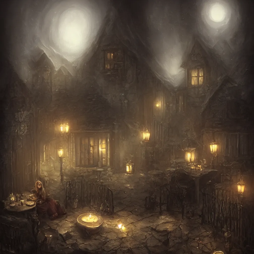 Prompt: A dark shadowy cottage at night, a witch sitting at a candlelit table, by Bastien LeCouffe-Deharme, UHD