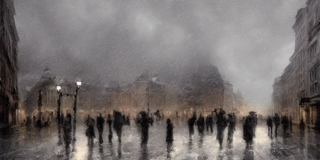 Image similar to 1 9 2 0 s warsaw during an arctic storm, dark, digital art, by james gurney