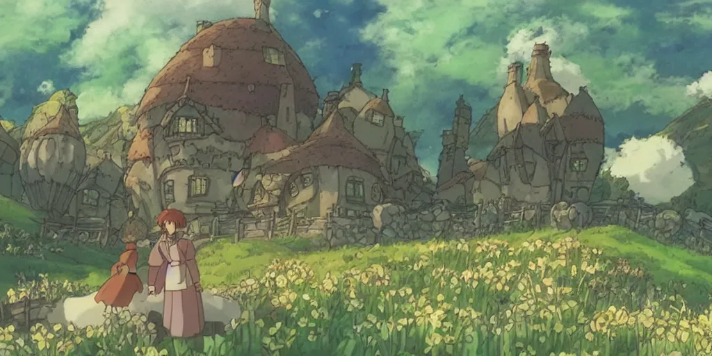 Prompt: a film still from howl's moving castle!!!!! of hobbiton, light bloom, studio ghibli!!!!!