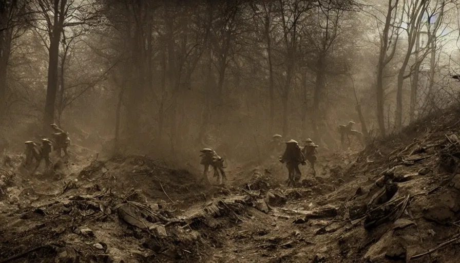 Prompt: ghosts of dead World War 1 soldiers patrolling abandoned WW1 trenches, dirty lens, cinematic lighting, IMAX cinematography, 35mm