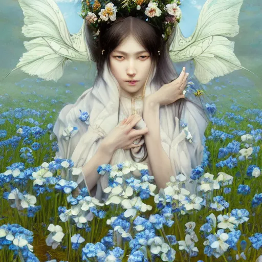 Image similar to breathtaking detailed concept art painting of the goddess of nemophila flowers, orthodox saint, with anxious, piercing eyes, ornate background, amalgamation of leaves and flowers, by Hsiao-Ron Cheng, James jean, Miho Hirano, Hayao Miyazaki, extremely moody lighting, 8K