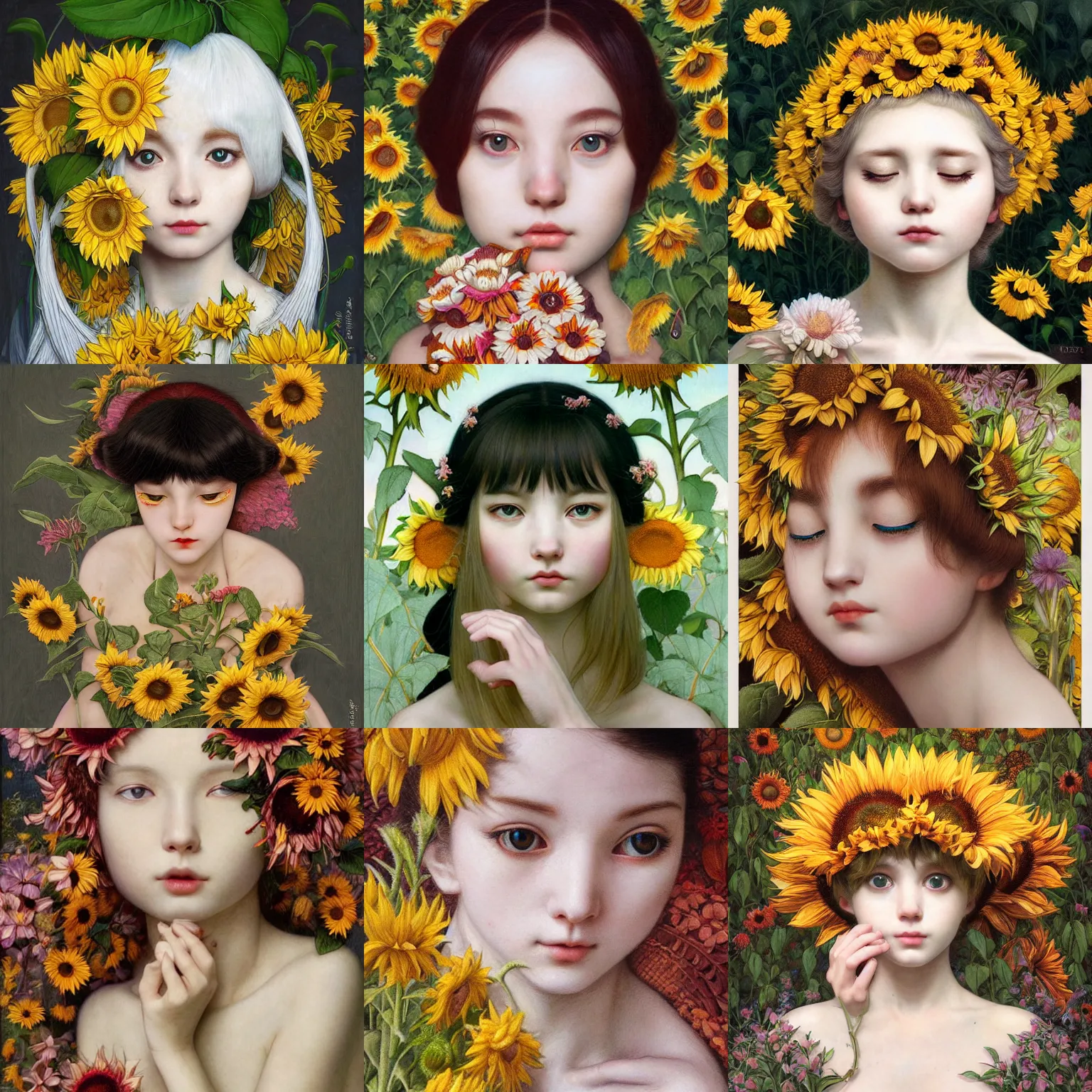 Image similar to white cat girl, botanical, sunflower, portrait face, colorful, frantisek kupka, intricate, miles johnston, kuroda seiki, cynical realism, ozabu, john william godward, painterly, yoshitaka amano, moebius, miles johnston, louise zhang, james jean, mark ryden lowbrow pop surrealism art style