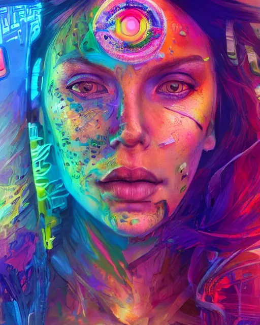 Image similar to colorful detailed portrait of a hippie, set in the future 2 1 5 0 | highly detailed | very intricate | symmetrical | professional model | cinematic lighting | award - winning | painted by mandy jurgens | pan futurism, dystopian, bold colors, cyberpunk, groovy vibe, anime aesthestic | featured on artstation