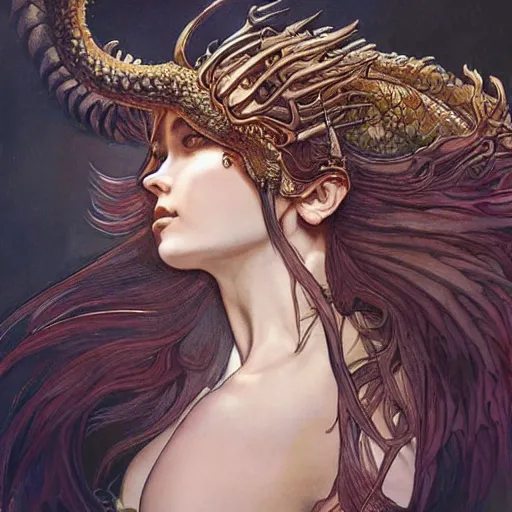 Image similar to portrait of the dragon queen by artgerm and H R Giger and alphonse mucha, Dragon in dragon lair, HD, full body dragon concept, flying dragon, Human body with dragon features, beautiful queen, perfect face, fantasy, intricate, elegant, highly detailed, digital painting, artstation, concept art, smooth, sharp focus, illustration, ray tracing, 4k realistic 3d rendered portrait, soft shading, soft colors, relaxed colors, hyperdetailed, wide angle lens, fantasy, futuristic horror, armor style of giger