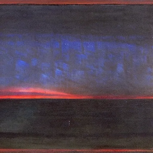 Image similar to the epic abstract painting'blue arctic void with black and red aurora borealis above a tiny inuit village ', by caspar david friedrich!!!, by rothko!!!, stunning masterpiece, trending on artstation