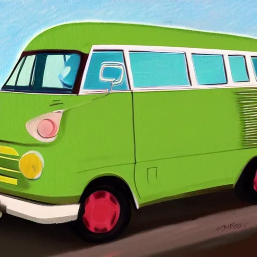 Image similar to retro painting illustration of a volswagen van, 2 d, pastel color, green, yellow, red, retro style art, trendy on artstation