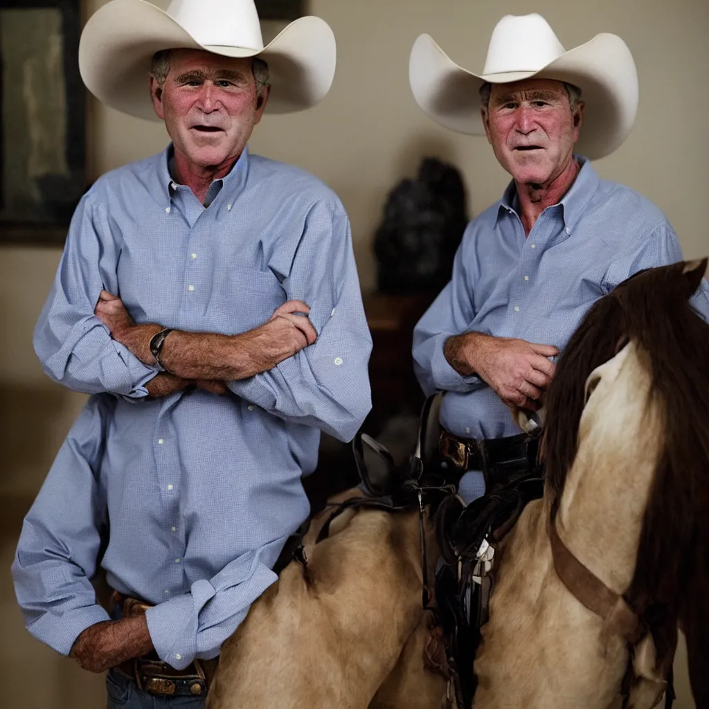 Prompt: An Alec Soth portrait photo of George W. Bush wearing a cowboy hat