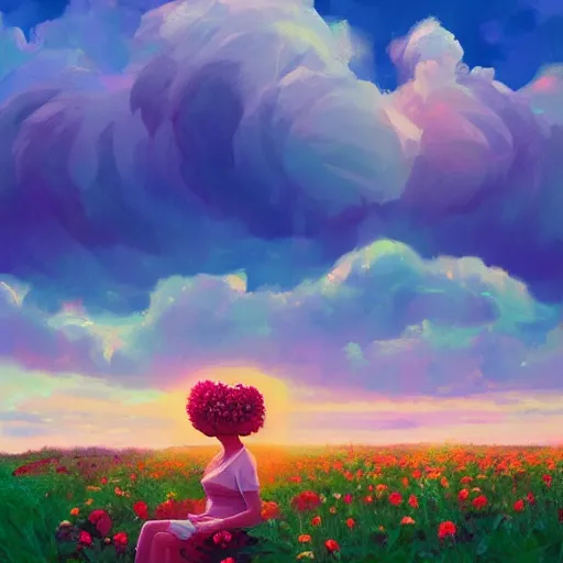 Image similar to giant rose flower head, full body girl sitting in a flower field, surreal photography, sunrise, dramatic light, impressionist painting, colorful clouds, digital painting, artstation, simon stalenhag