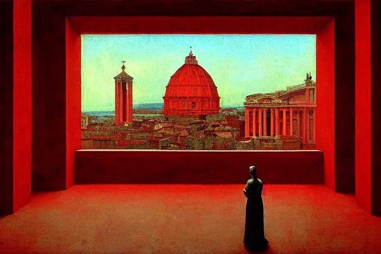 Image similar to only with red, caesar after war, a red tiger, in hoc signo vinces, rome in background, an ancient path, in the style of beksinski, part by hopper, part by rodcenko, part by hofbauer, intricate composition, red by caravaggio, insanely quality, highly detailed, masterpiece, red light, artstation