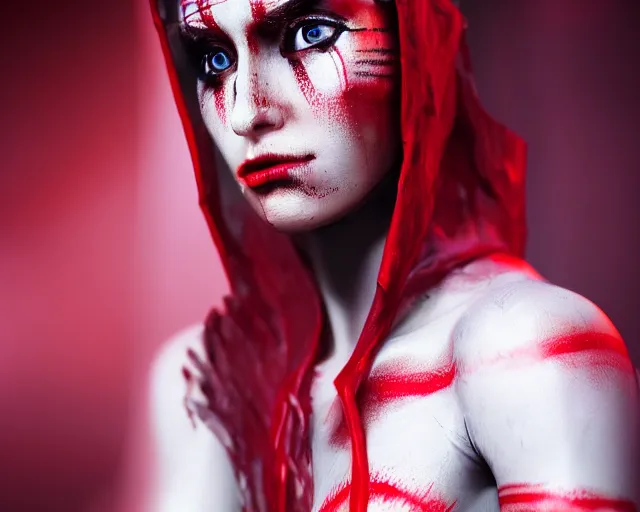 Image similar to a film still of a synthetic female human oracle wrapped in white cloth, beautiful, red eyes, tribal facepaint, neotokyo, cinematic lighting, high resolution, 4 k