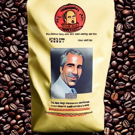 Image similar to A bag of coffee beans with Jeffrey Epstein depicted on the front